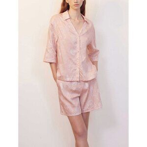 Neiwai Womens Cafe Print Pajama Shirt Sz XS 0 Pink Cotton PJ Lounge Top